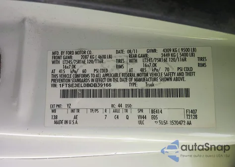 2011 Ford E-350 Super Duty Commercial z USA, uszkodzony, nr VIN 1FTSE3EL0BDB39166